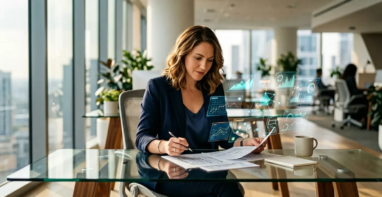 Agent immobilier analysant des dossiers de prospects dans un bureau moderne avec lumière naturelle