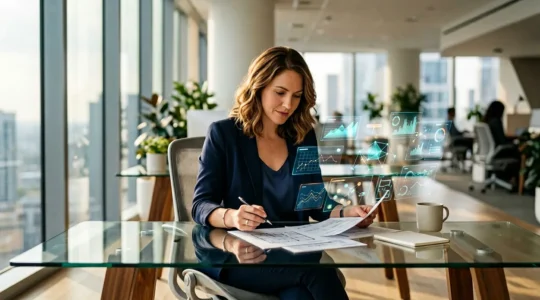 Agent immobilier analysant des dossiers de prospects dans un bureau moderne avec lumière naturelle