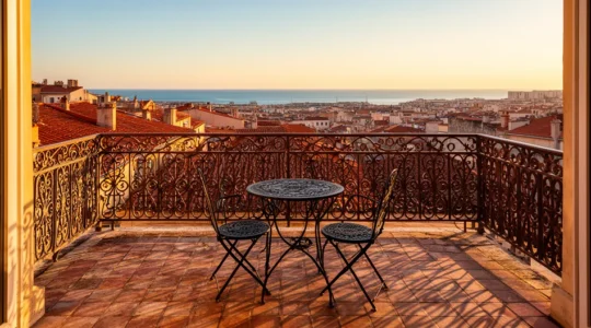 Vue d'un balcon d'appartement marseillais avec table en fer forgé surplombant les toits et la mer