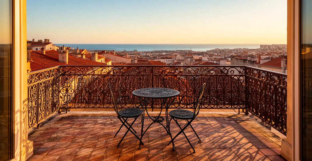 Vue d'un balcon d'appartement marseillais avec table en fer forgé surplombant les toits et la mer