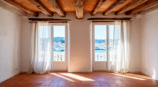 Intérieur lumineux d'un T2 marseillais avec vue sur le Vieux-Port et décoration méditerranéenne raffinée