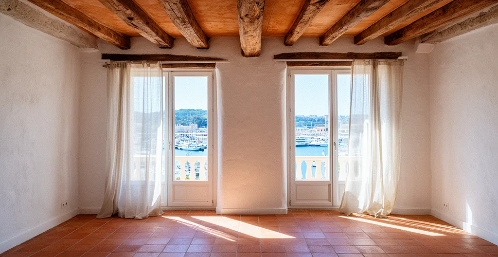 Intérieur lumineux d'un T2 marseillais avec vue sur le Vieux-Port et décoration méditerranéenne raffinée