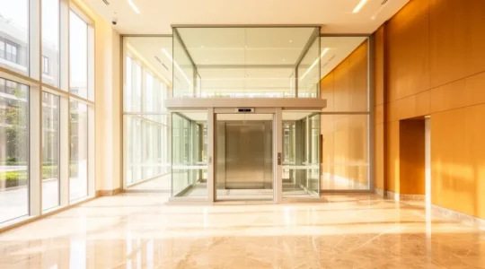 Vue intérieure d'un immeuble moderne avec ascenseur accessible PMR montrant des résidents de différents âges