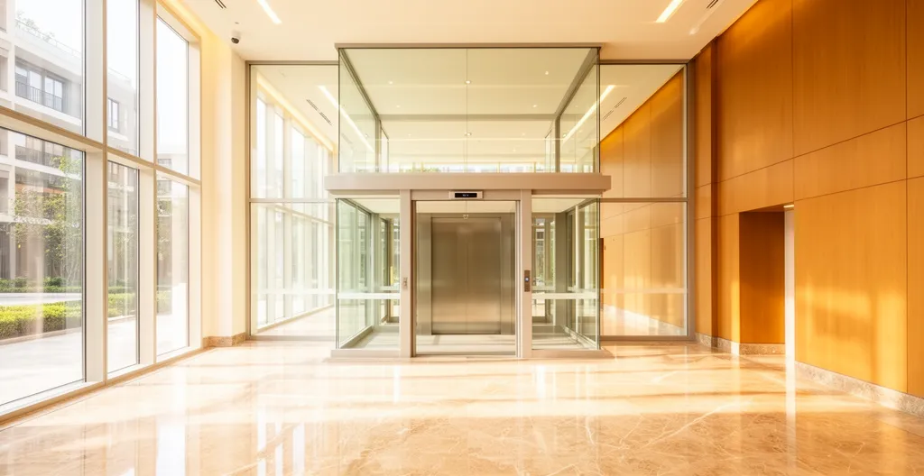 Vue intérieure d'un immeuble moderne avec ascenseur accessible PMR montrant des résidents de différents âges