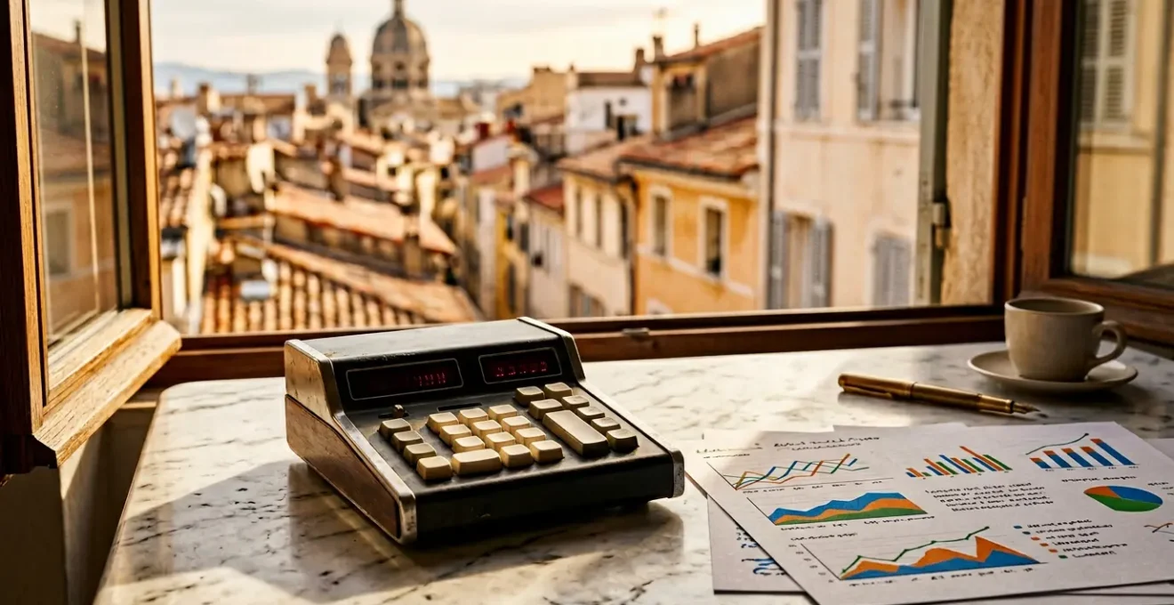 Calculatrice financière et documents immobiliers avec vue sur les toits marseillais