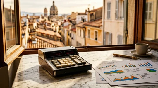 Calculatrice financière et documents immobiliers avec vue sur les toits marseillais