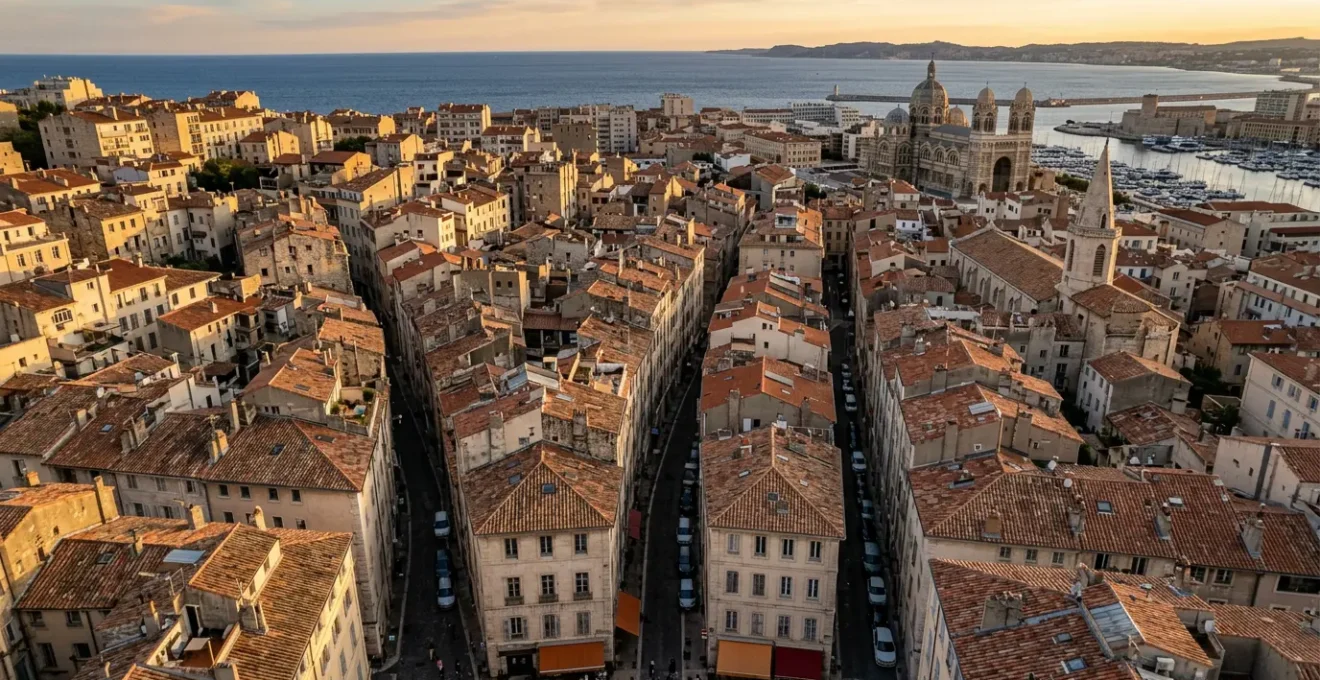 Scène urbaine marseillaise montrant un immeuble typique du Vieux-Port avec des rues étroites et des défis logistiques