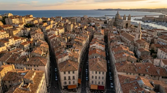 Scène urbaine marseillaise montrant un immeuble typique du Vieux-Port avec des rues étroites et des défis logistiques