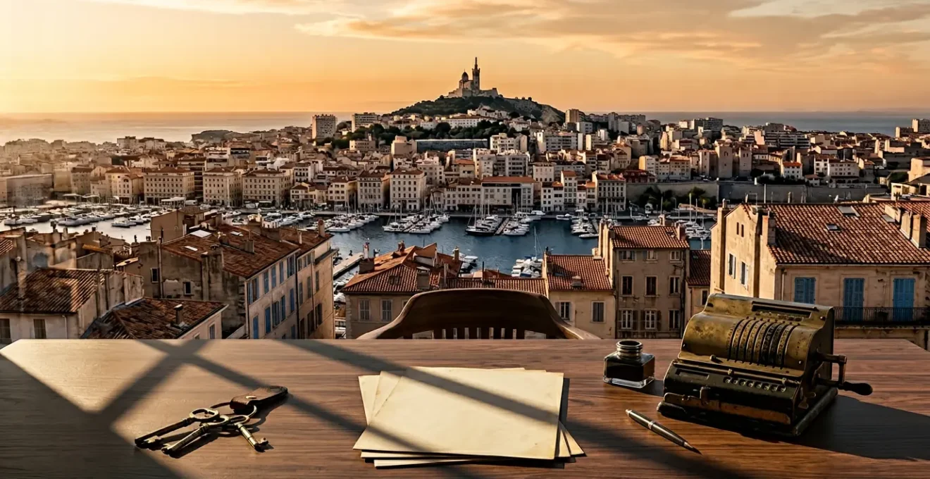 Immeubles du vieux port de Marseille avec documents juridiques et calculatrice sur bureau en bois