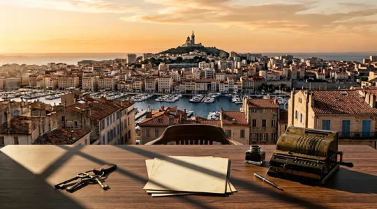 Immeubles du vieux port de Marseille avec documents juridiques et calculatrice sur bureau en bois