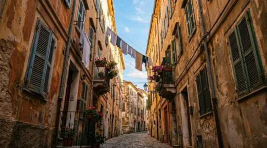 Vue en contre-plongée des ruelles colorées du Panier avec façades ocres et volets provençaux, lumière dorée de fin d'après-midi