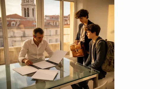 Réunion entre propriétaire immobilier et candidats locataires dans un appartement lumineux avec vue sur Marseille