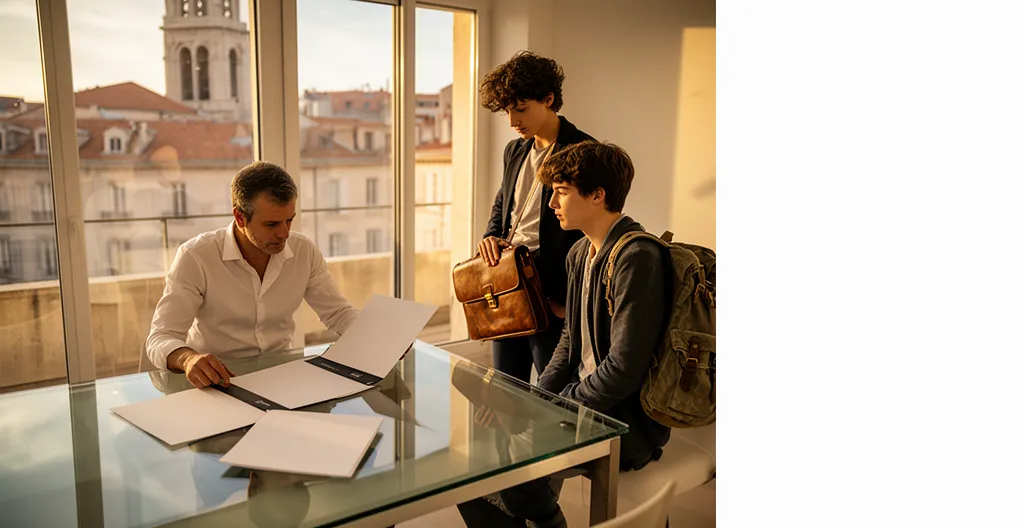 Réunion entre propriétaire immobilier et candidats locataires dans un appartement lumineux avec vue sur Marseille
