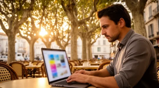 Un acquéreur consulte plusieurs portails immobiliers sur son ordinateur portable dans un café marseillais