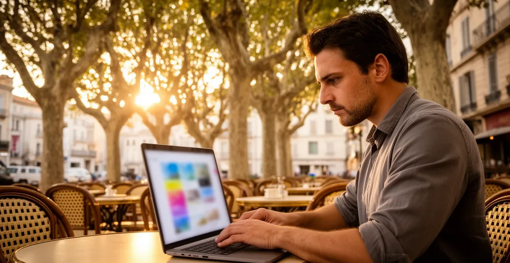 Un acquéreur consulte plusieurs portails immobiliers sur son ordinateur portable dans un café marseillais