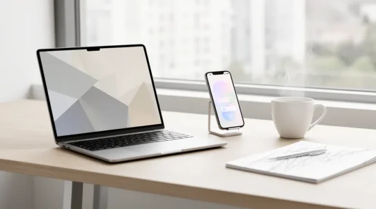 Configuration d'alertes email immobilières sur ordinateur et smartphone dans un bureau moderne
