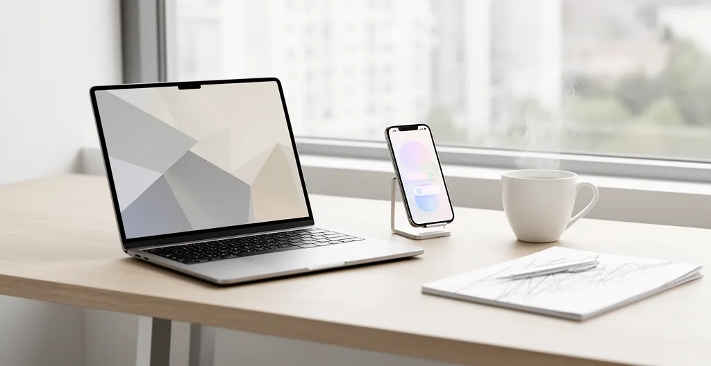 Configuration d'alertes email immobilières sur ordinateur et smartphone dans un bureau moderne