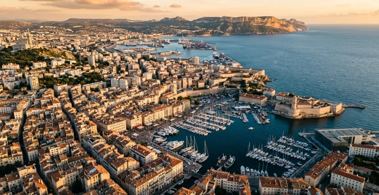Vue aérienne de Marseille avec ses ruelles étroites du centre historique et les calanques en arrière-plan
