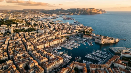 Vue aérienne de Marseille avec ses ruelles étroites du centre historique et les calanques en arrière-plan