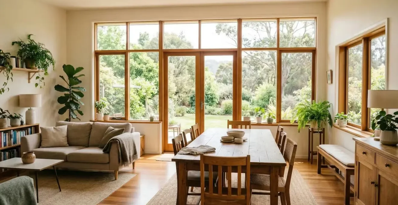 Salon lumineux d'EHPAD avec grandes baies vitrées et lumière naturelle abondante