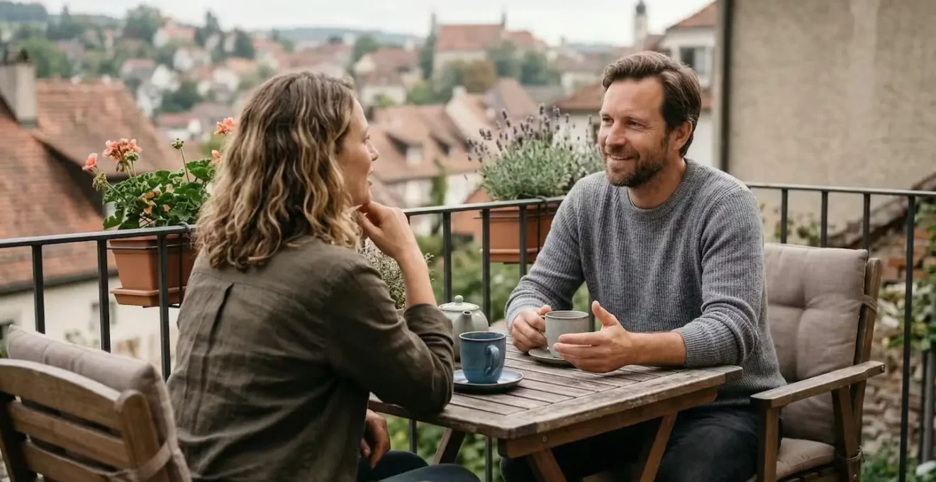 Discussion familiale sur un balcon d'EHPAD marseillais avec vue dégagée