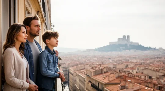 Famille marseillaise découvrant un appartement avec vue sur la ville, ambiance lumineuse méditerranéenne