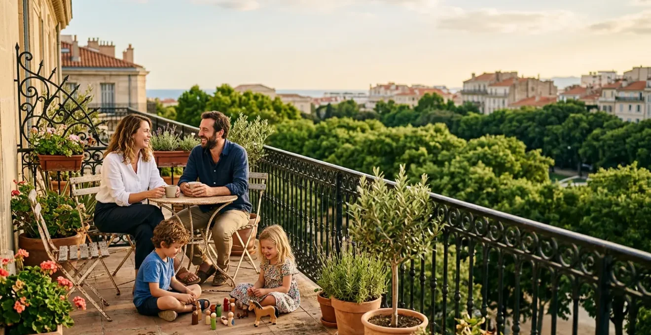 Famille profitant d'une terrasse avec vue sur les espaces verts de Longchamp à Marseille