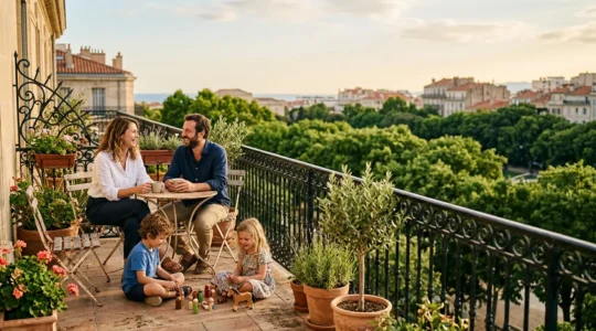 Famille profitant d'une terrasse avec vue sur les espaces verts de Longchamp à Marseille