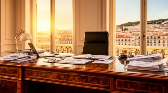 Vue panoramique de Marseille avec documents notariés et clés de propriété en premier plan