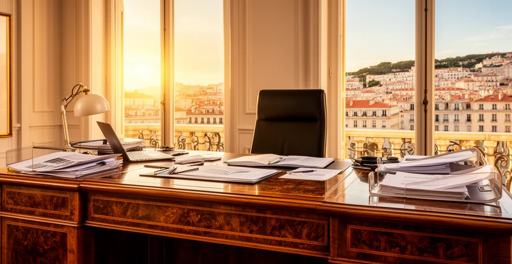 Vue panoramique de Marseille avec documents notariés et clés de propriété en premier plan