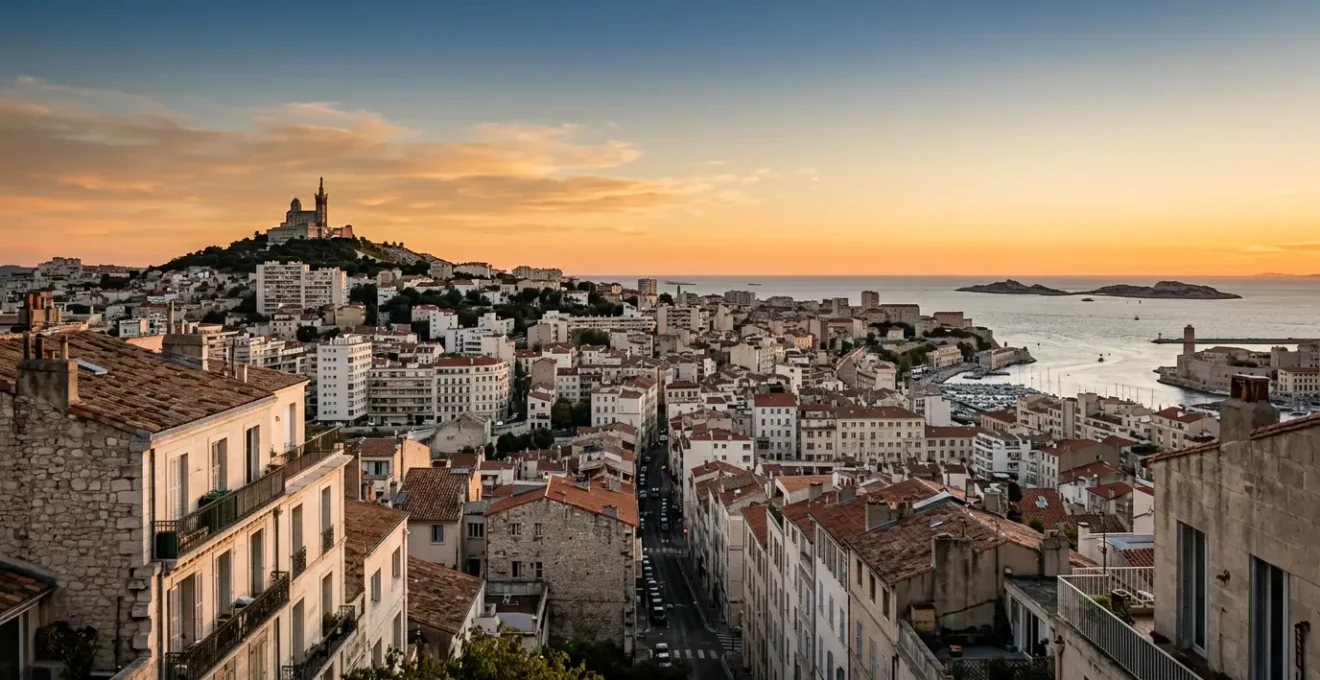 Vue panoramique de Marseille avec immeubles et mer Méditerranée