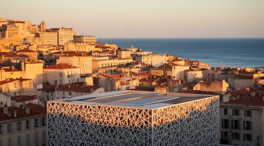 Vue aérienne du quartier du Panier avec le Mucem et la mer Méditerranée