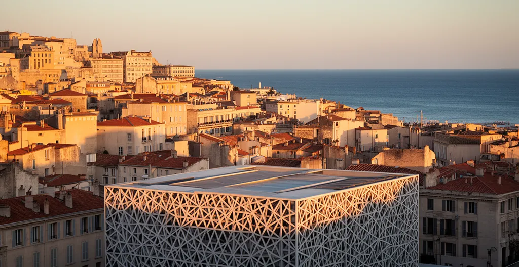 Vue aérienne du quartier du Panier avec le Mucem et la mer Méditerranée