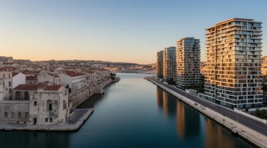 Vue aérienne de Marseille montrant le Vieux-Port avec des immeubles anciens et modernes en arrière-plan