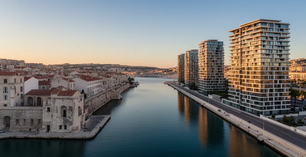 Vue aérienne de Marseille montrant le Vieux-Port avec des immeubles anciens et modernes en arrière-plan