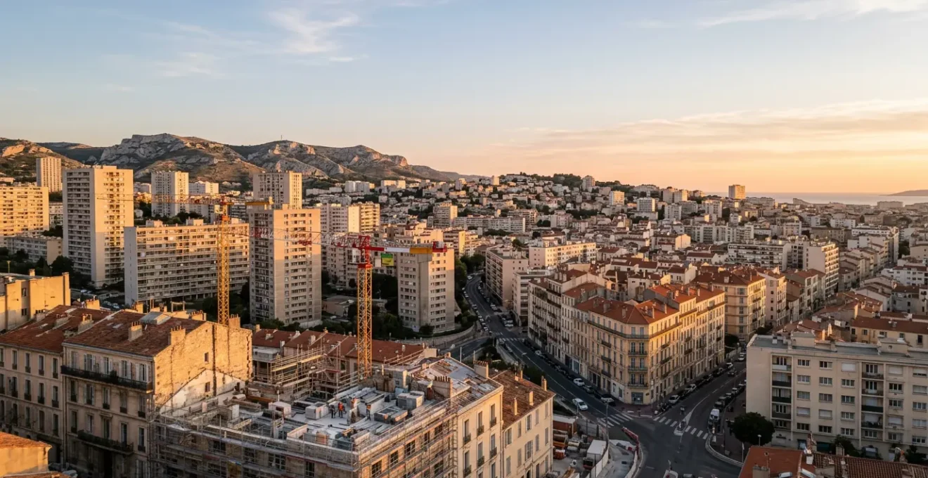 Vue panoramique des quartiers nord de Marseille avec immeubles en rénovation et grues de chantier sur fond de collines provençales