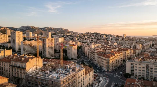 Vue panoramique des quartiers nord de Marseille avec immeubles en rénovation et grues de chantier sur fond de collines provençales