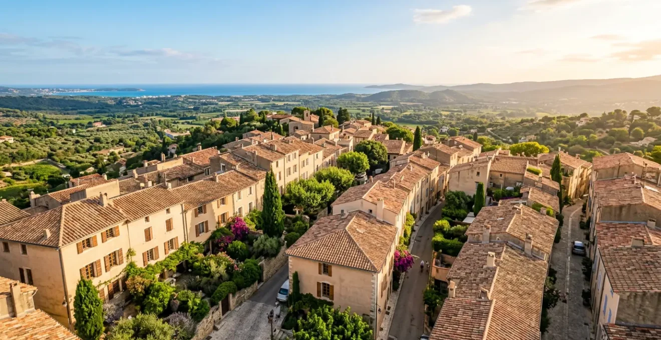 Vue aérienne d'un quartier résidentiel marseillais avec petits immeubles de trois étages et espaces verts