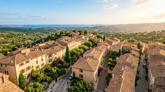 Vue aérienne d'un quartier résidentiel marseillais avec petits immeubles de trois étages et espaces verts