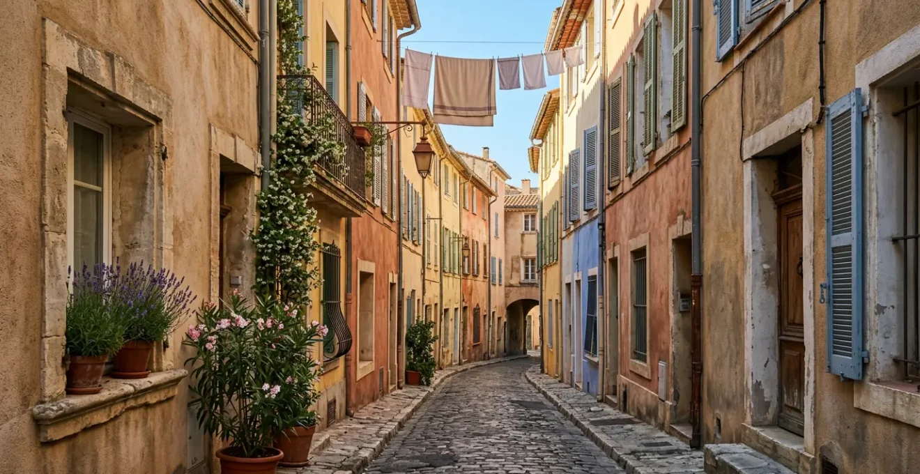 Façade colorée d'une maison de ville typique marseillaise dans une ruelle étroite avec volets en bois et plantes méditerranéennes