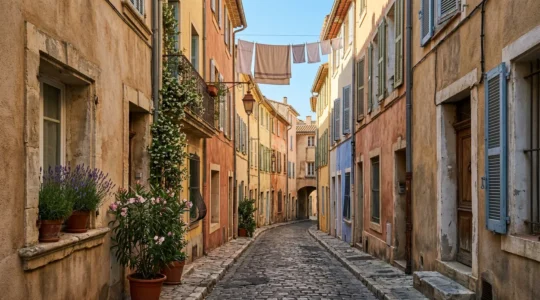 Façade colorée d'une maison de ville typique marseillaise dans une ruelle étroite avec volets en bois et plantes méditerranéennes