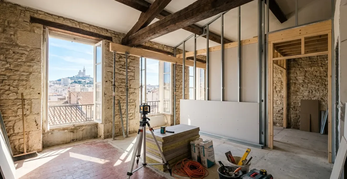 Vue panoramique d'un appartement haussmannien marseillais en cours de rénovation avec la vue sur Notre-Dame-de-la-Garde