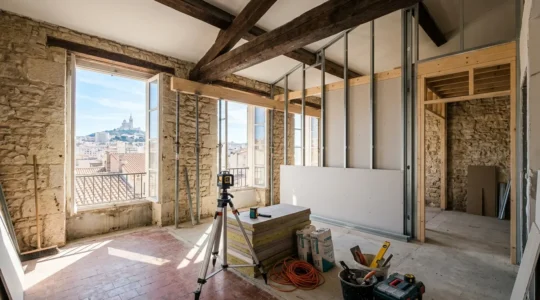 Vue panoramique d'un appartement haussmannien marseillais en cours de rénovation avec la vue sur Notre-Dame-de-la-Garde