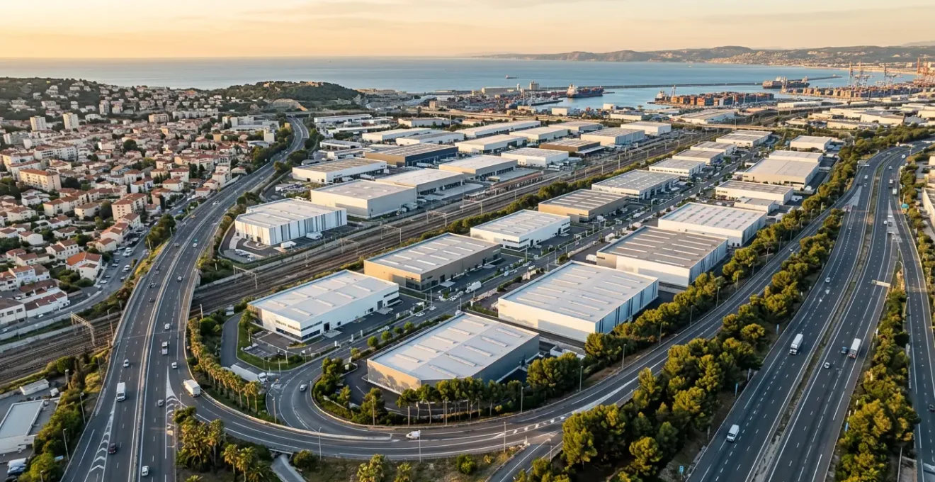 Vue aérienne du quartier des Arnavaux à Marseille montrant les entrepôts modernes et les axes de transport