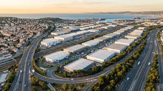 Vue aérienne du quartier des Arnavaux à Marseille montrant les entrepôts modernes et les axes de transport