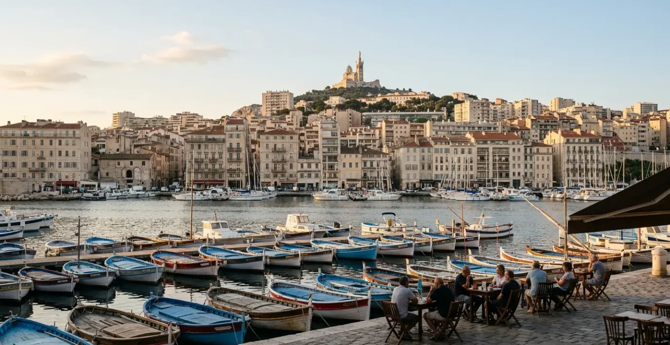 Vue panoramique de Marseille montrant le contraste entre le Vieux-Port traditionnel et la vie quotidienne moderne