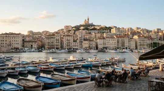 Vue panoramique de Marseille montrant le contraste entre le Vieux-Port traditionnel et la vie quotidienne moderne