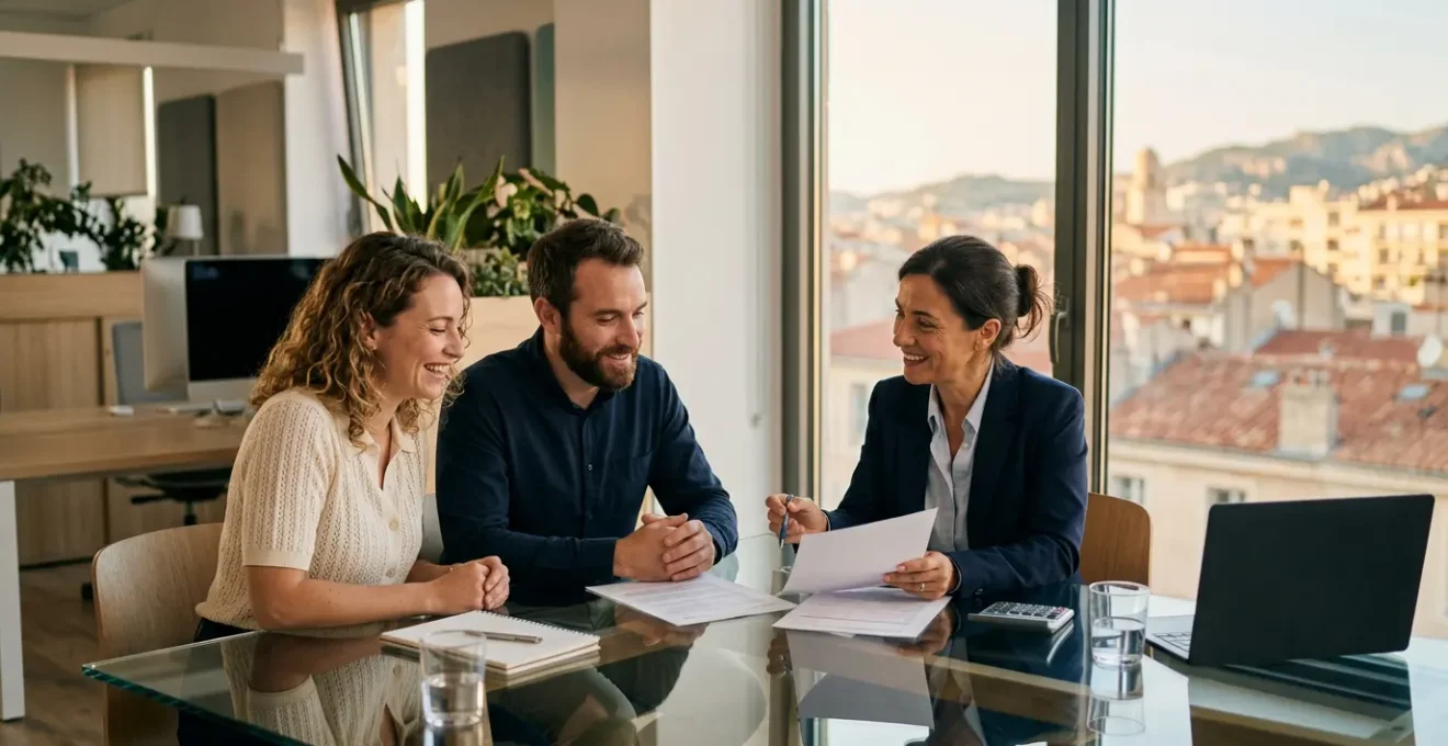 Négociation bancaire pour un prêt immobilier avec vue sur le Vieux-Port de Marseille en arrière-plan