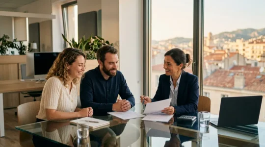 Négociation bancaire pour un prêt immobilier avec vue sur le Vieux-Port de Marseille en arrière-plan