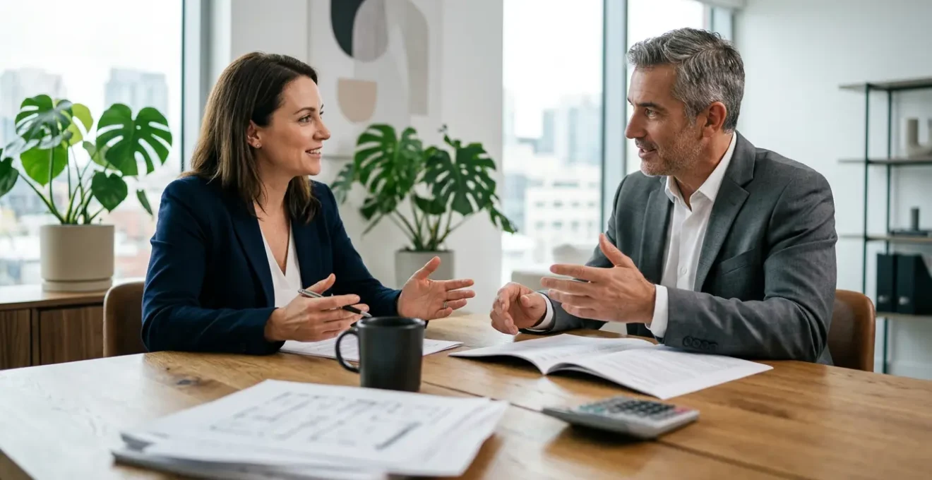 Négociation d'honoraires entre un agent immobilier et des clients dans un bureau moderne